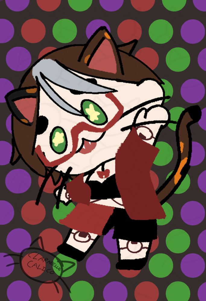 A chibi Clarabelle waving to you and stars in her eyes
The background it's colorful polka-dots!