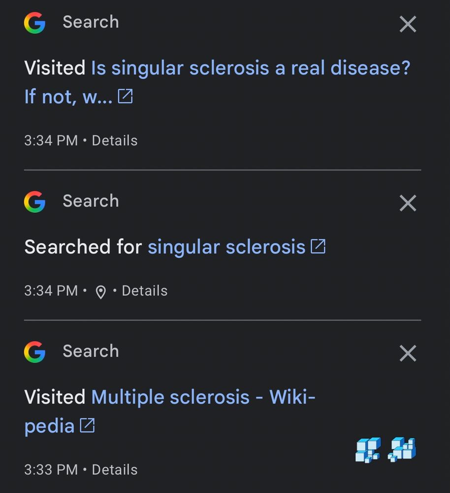 google search results for “singular sclerosis” a disease which obviously doesn’t exist. you would be stupid to think that it might.