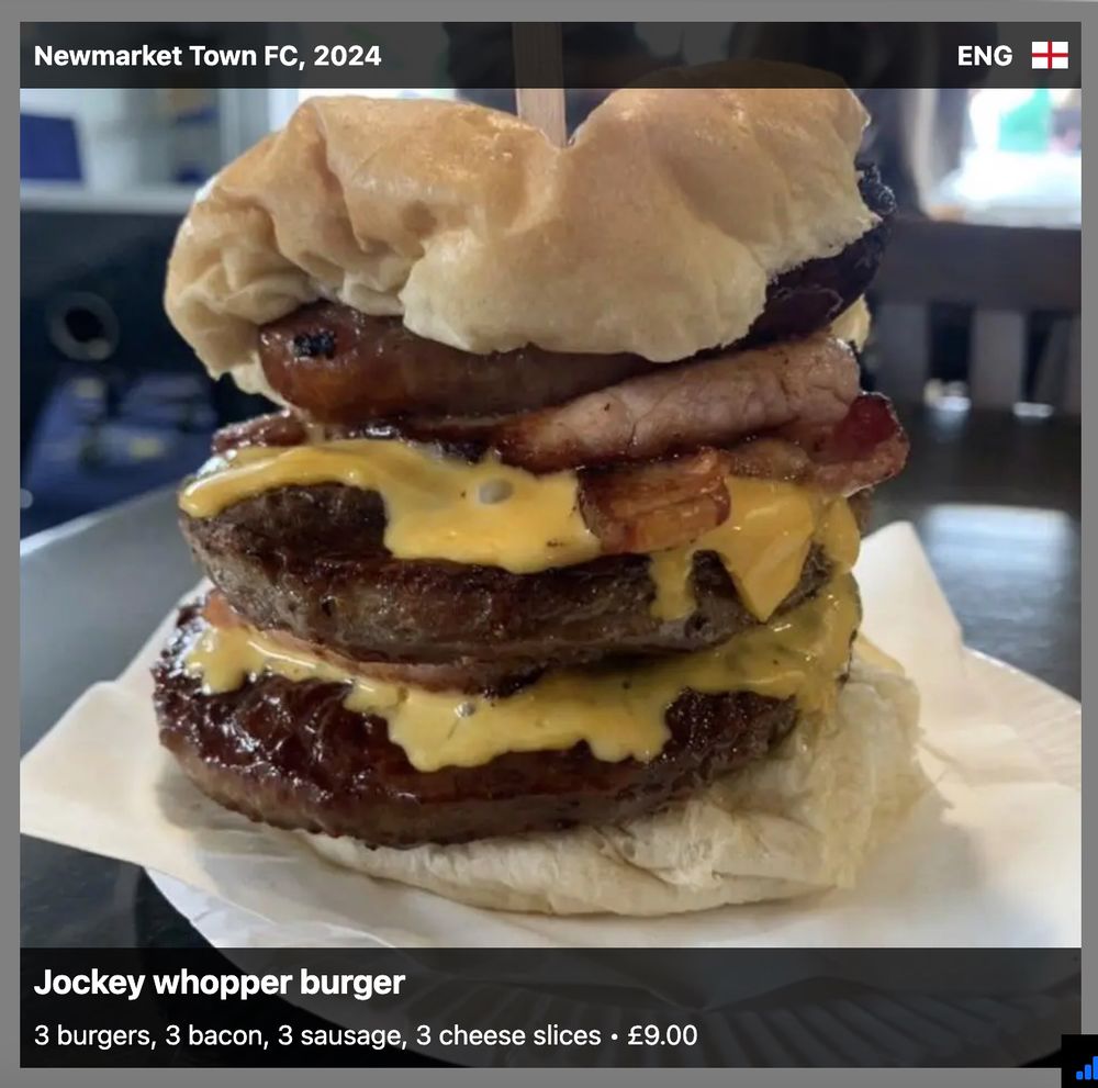 picture from scrandle of the jockey whopper burger, which is 3 burger pattys, 3 slices of back bacon, 3 sausages, and 3 slices of cheese on a smushed bread roll for 9 pounds. served at newmarket town FC, 2024