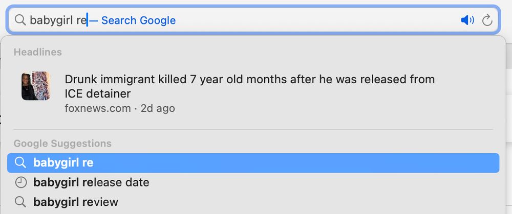 horrific anti-immigrant auto-populated headline from fox when searching 'babygirl release date' 