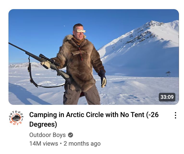 youtube thumbnail of some cold looking schmuck with the title "camping in arctic circle with no tent"