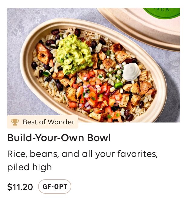 a 'build your own bowl' menu labeled 'best of wonder' 