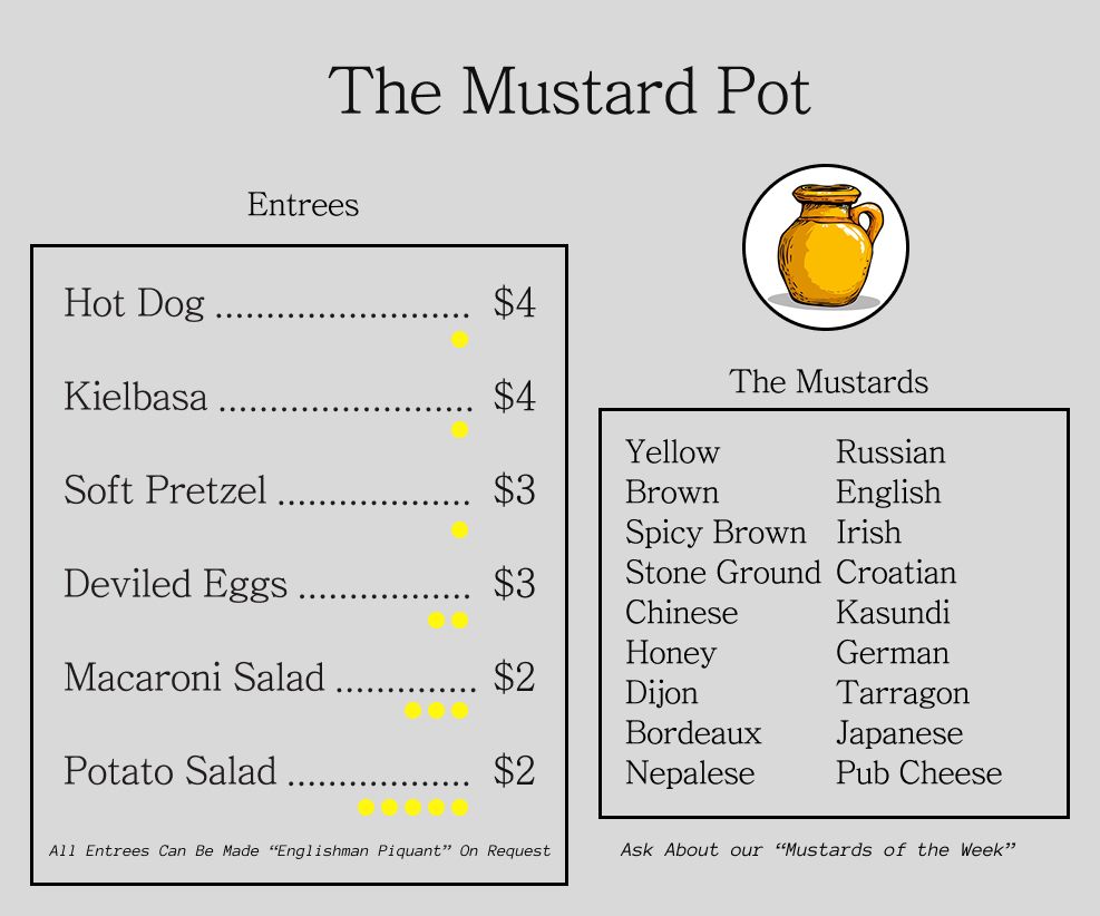 mustard-oriented restaurant where food can be ordered on a scale of mutard potency