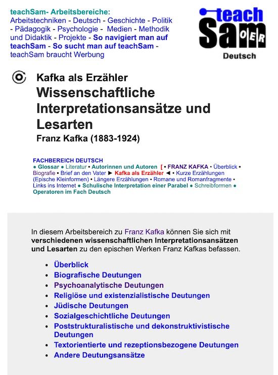 Leitseite des Arbeitsbereichs "Wissenschaftliche Interpretationsansätze und Lesarten" zu Franz Kafka mit Links.