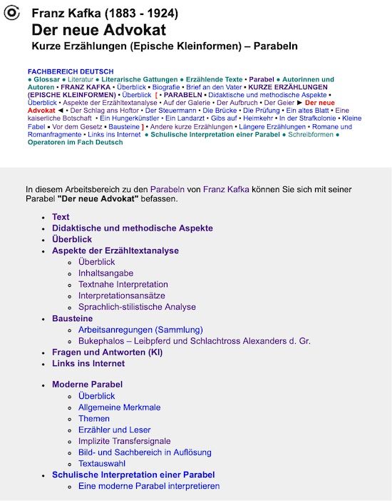 Ein neuer Arbeitsbereich zur Analyse und Interpretation von Parabeln Franz Kafkas. "Der neue Advokat" ist eine im schulischen Literaturunterricht eher selten vorkommende Parabel. Her finden Sie verschiedene Materialien zur Analyse und Interpretation des Textes und einige Unterrichtsmaterialien dazu.