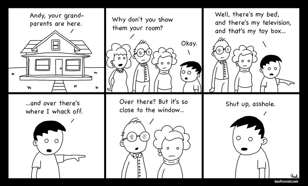 Comic strip, six panels:

First panel: exterior of a house with a mother’s voice coming from inside. “Andy, your grandparents are here.”

Second panel: mom, grandparents, and little Andy stand together. Mom says, “why don’t you show them your room?”
Andy says, “okay.”

Third panel: Andy and his grandparents now stand in Andy’s room while he points to various items and says, “Well, there’s my bed, and that’s my television, and that’s my toy box…”

Fourth panel: closeup on Andy as he continues, still pointing, “and over there’s where I whack off.”

Fifth panel: grandma and grandpa in frame as grandpa says with concern, “over there? But it’s so close to the window.”

Sixth panel: closeup on Andy. Andy says, “Shut up, asshole.”