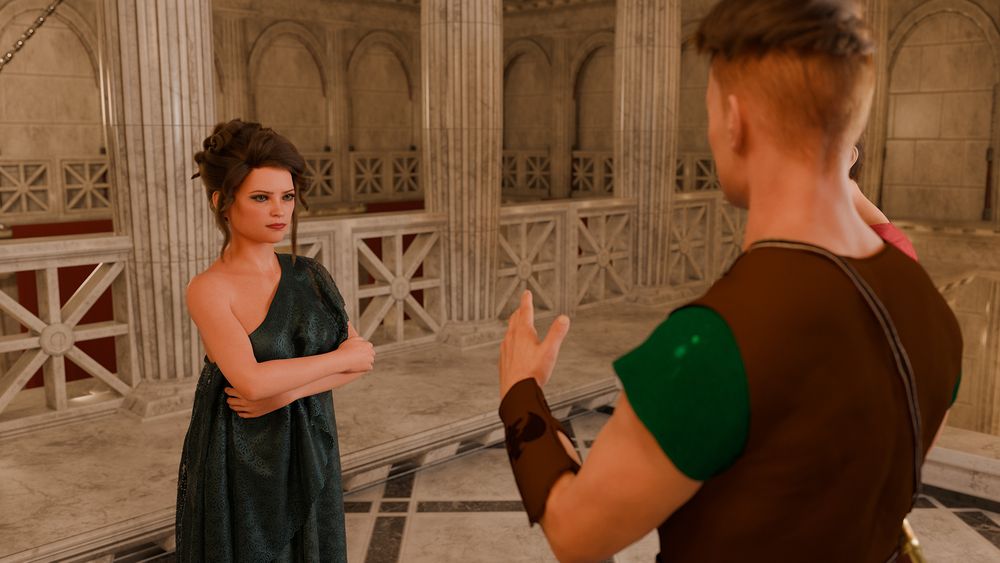 Concordia staring daggers at her brother, Felix, while Felix is explaining something. They are in the Caudium royal palace in an upstairs hallway.