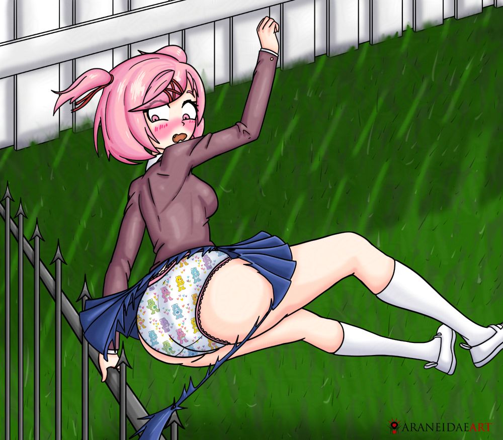 Natsuki blushes as she realizes a gaping hole is torn in the back of her skirt as a piece of her skirt was caught on a spiky fence as she vaulted over it. The massive hole reveals that she is wearing Care Bear print panties.