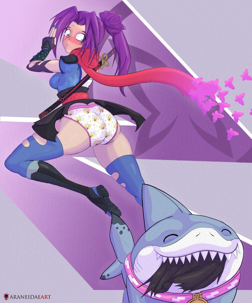 Jeff the Landshark rips the back of Psylocke's kimono off, exposing her butterfly print panties to the world. Jeff looks proud of himself.