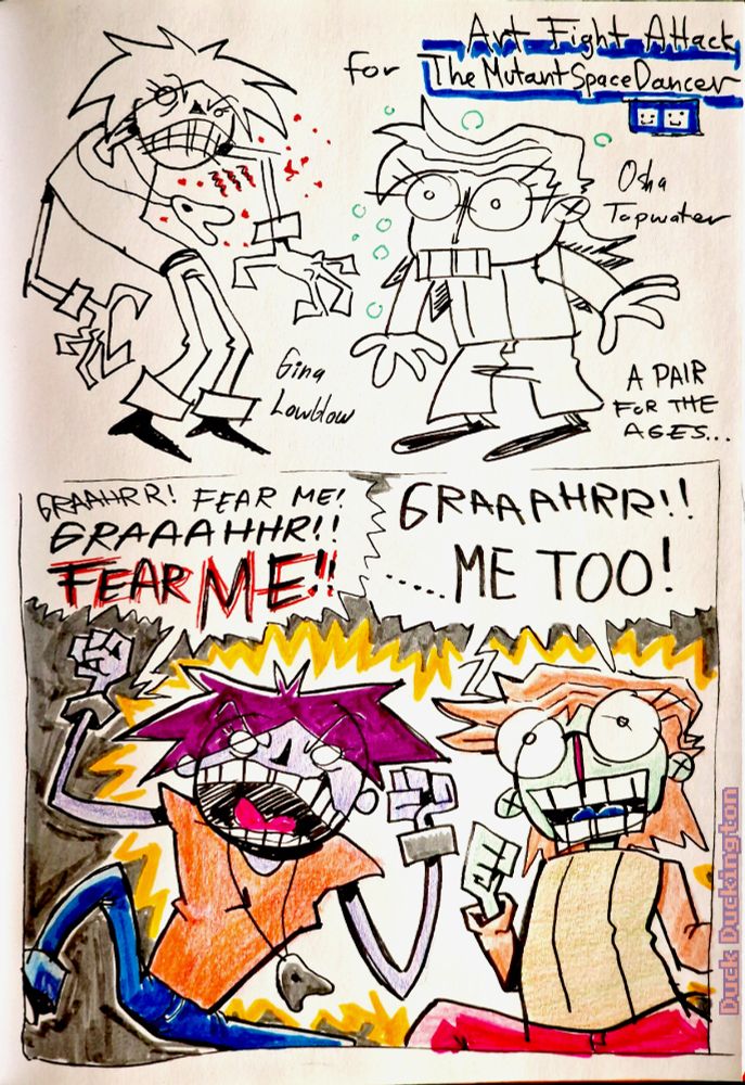 Drawings of TheMutantSpaceDancer's Gina and Osha. The top includes two scribbles of them, the bottom includes an illustration of them.

Text:
Gina: "GRAAHRR! FEAR ME! GRAAAHHR!! FEAR ME!!"
OSHA: "GRAAAHRR!! ..... ME TOO!" 