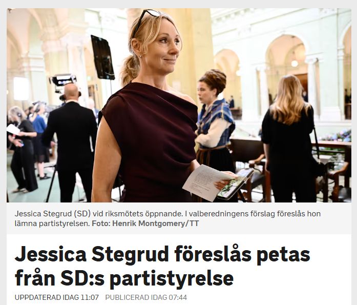 Jessica Stegrud föreslås petas från SD:s partistyrelse