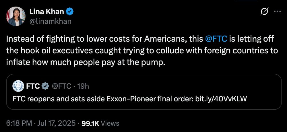 Lina Khan on X: "Instead of fighting to lower costs for Americans, this @FTC  is letting off the hook oil executives caught trying to collude with foreign countries to inflate how much people pay at the pump." 