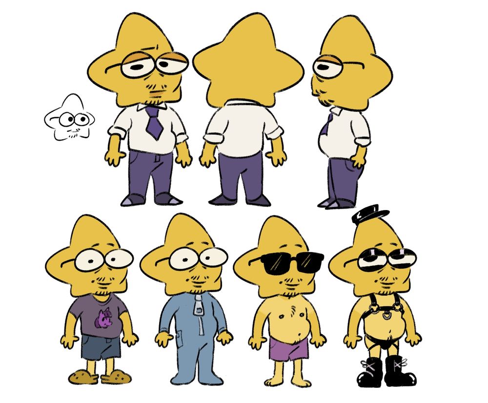 Little smiling friends critter named Mat. He has a yellow star for a head and big eyes with round glasses. He looks miserable. In the lineup he is wearing his work uniform which is a white shirt and purple/navy tie and slacks. Then he's wearing big crocs and a twilight sparkle shirt with shorts. Then he's wearing a footie onesie with a comically large zip. Then sunglasses and swim trunks (he has bad tan lines). And then he has a bulldog harness, black jockstrap, and big boots.