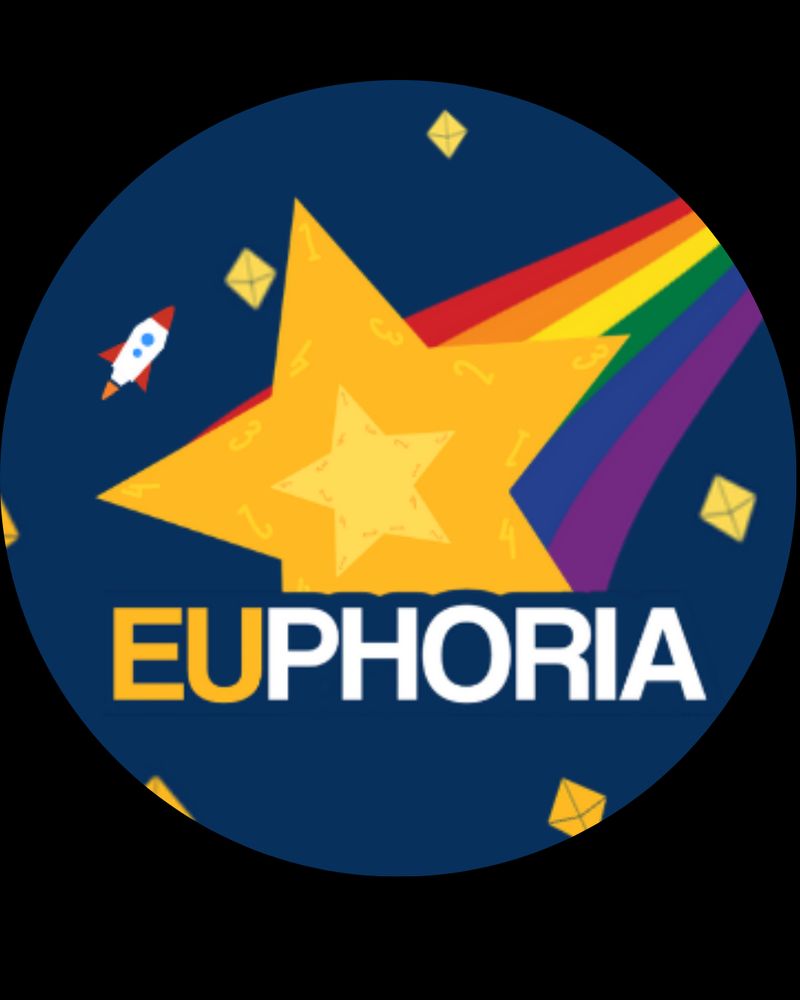 A circle of dark blue background with yellow d8 dice. A yellow star-shaped dice. A rainbow tail behind the star. A white and red rocketship. Text: EUPHORIA