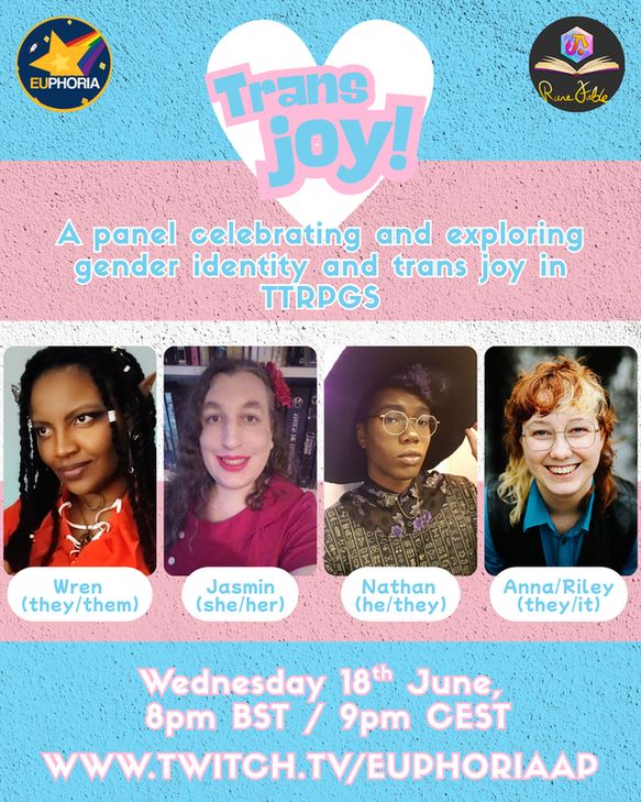 WEDNESDAY! As part of Pride, @masquewren.bsky.social‬ hosts @theneoncaster.bsky.social‬ @bratapfel.bsky.social‬ and @peculiarplanets.com‬ to talk about the JOYOUS side of being trans in the TTRPG space - exploration, representation, and community.
Supported by @runefable.bsky.social‬ !
