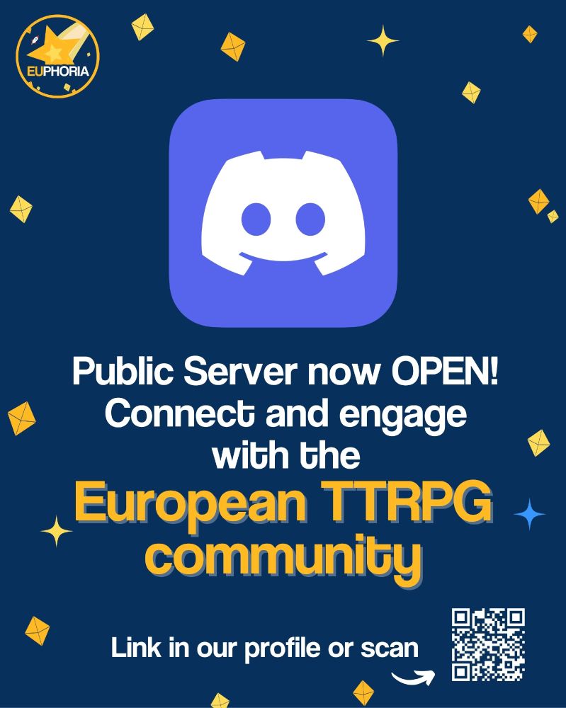 EUphoria's signature navy blue background with yellow d4 stars and sparkles. EUphoria's logo in the top left, a round yellow frame with navy blue background, and a large shooting star made up of yellow d4s streaking from right to left, a yellow tail trailing behind. 
A Large Discord logo.
Public server now open! Connect and engage with the European TTRPG community.
Link in our profile or scan the QR code.