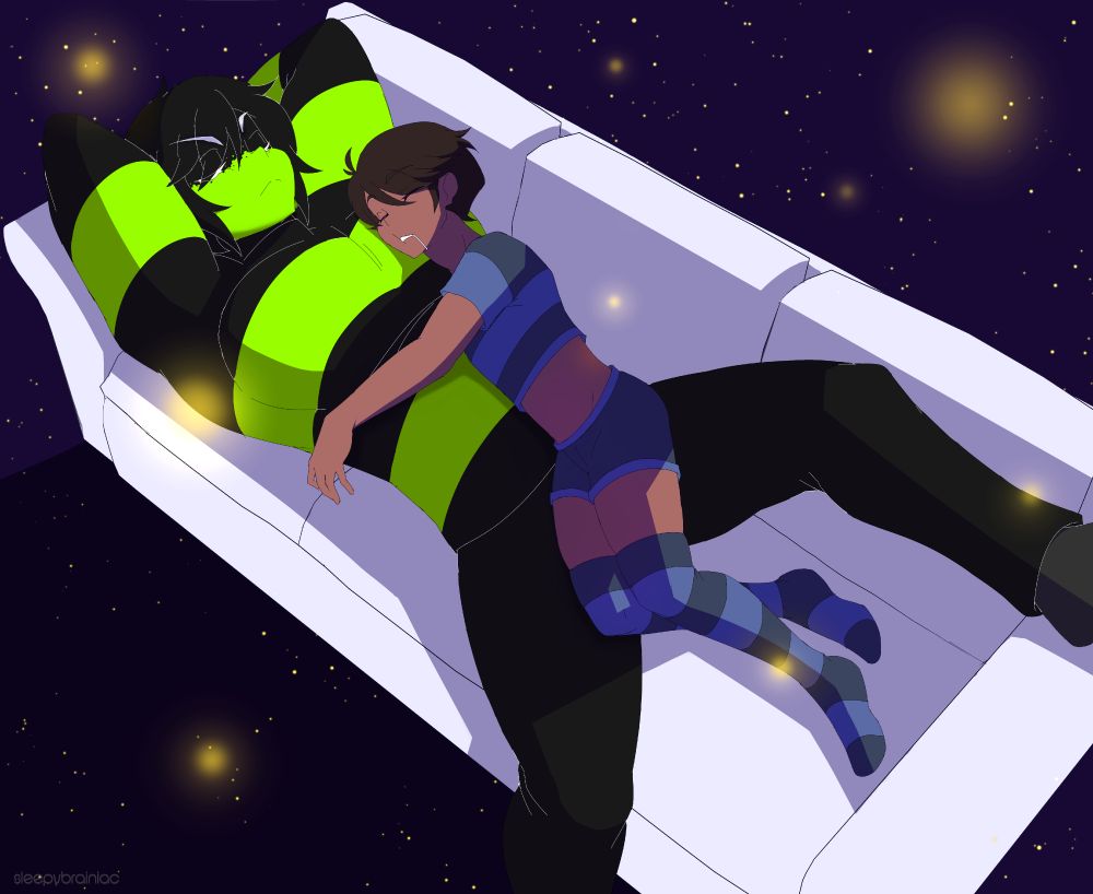 An illustration of Hack and Thaf taking a nap in a space-like environment with no blue tint.