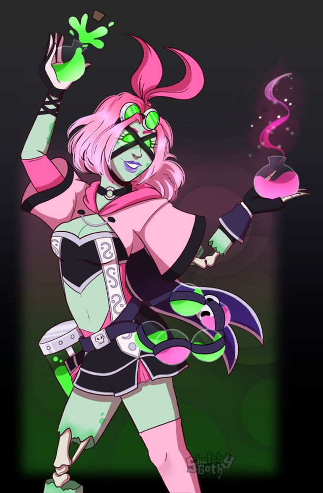 a forsaken in neon pinks and greens. Her belt has a large selection of orbs and cannisters of neon fluids as she balances two alchemy bottles in her hands. Her bones are exposed at her right knee, left elbow, and left finger tips.