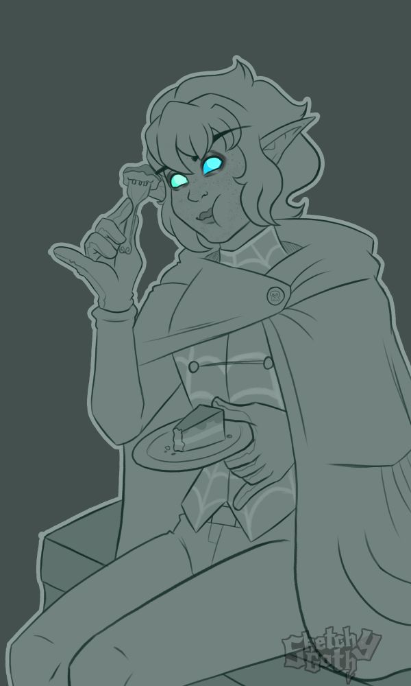 a sage green monochrome sketch of an well dressed, elven man. His vest has spider web patterns and he's eating a slice of cake with both pinkies out. Character belongs to NyteKlovn