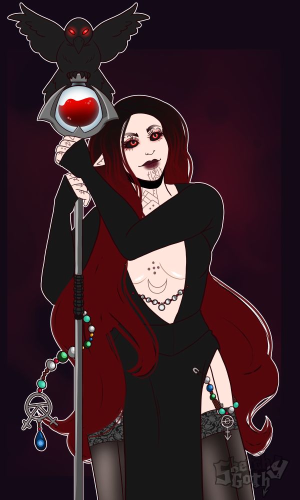 A half-elven character with red hair to her knees. She is decorated in rune-like scars on her chin, neck, torso and fingers. She's leaning on a staff topped with a crow ornament, an orb of red liquid in the crow's talons. Her black gown is decorated with a series of beaded fetishes.