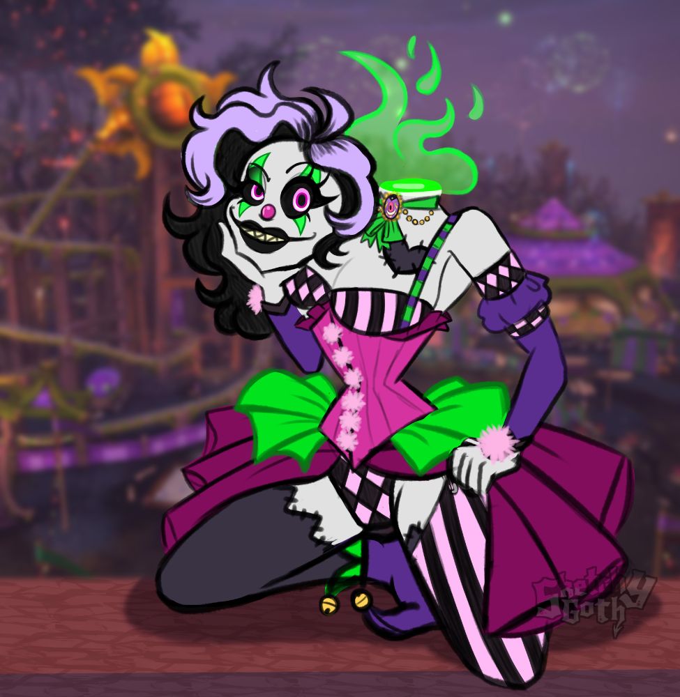 A clown in neon pinks, greens and purples. Her head is severed and she's holding it in her hand. At the stump of her neck green flames are there instead. The background is a blurred image of the Darkmoon Faire