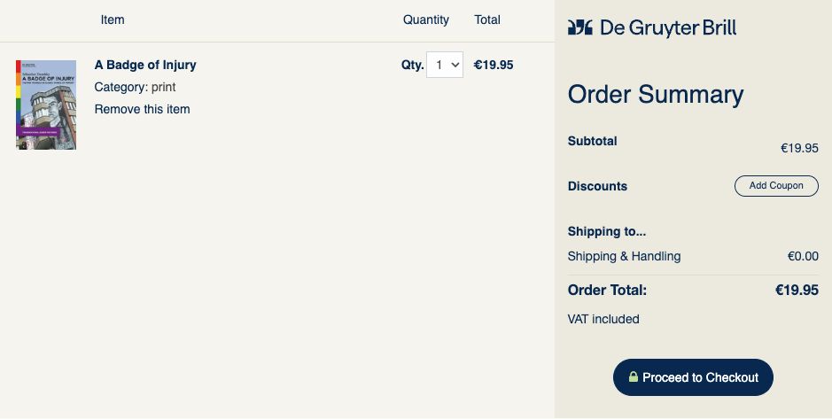 Order summary for "A Badge of Injury," showing quantity, subtotal, and total amount of €19.95, from De Gruyter Brill.