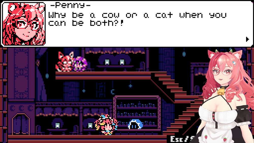 A screenshot of the video game Claire a la Mode that shows Penny's cameo appearance. She is seen saying "Why be a cow or a cat when you can be both?!"