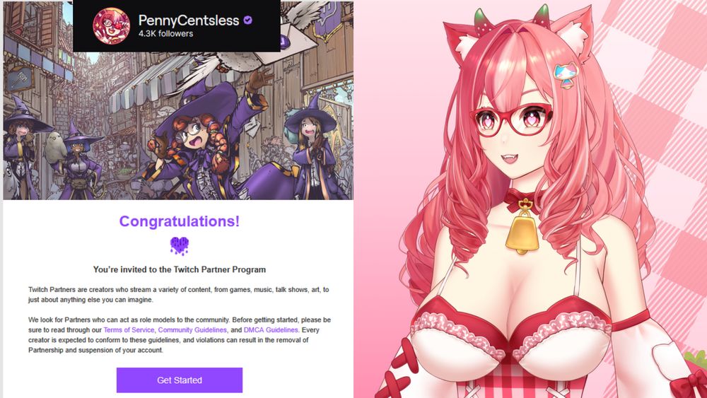 An image of PennyCentsless with hearts in her eyes, staring at a copy of the email sent by Twitch introducing her to the partner program.
