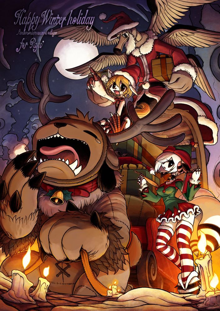 At night, a full moon rises in the sky, and stars are visible. A large dog boy, seemingly over three meters tall, is wearing a reindeer outfit and holding the reins of a sled, yawning. Next to him stands a white fox girl. She has three tails and slightly curled pink and black striped horns. She is wearing a miniskirt elf costume. She appears to be counting the presents on the sled, holding a quill pen and a ledger. A blonde, white fox girl sits on top of a pile of gift boxes on the sled. She is wearing a Santa hat and pointing happily at the night sky. She is wearing a black one-piece skirt, a sleeveless shirt, and a red ribbon on her chest. Her legs are bird-like from the knees down, and her arms are covered in pangolin-like scales. Loading the presents onto the sled is a vulture-like boy. He is wearing a Santa Claus costume. His gaze is gentle. He has three pairs of wings spread out. The sled is crimson, surrounded by melted snow and lit candles, casting an orange glow over them.

夜、空には満月が浮かび、星も見える。身長が3メートル以上ありそうな大きな犬の男の子が、トナカイを模した服を着て、橇の手綱を持ち、欠伸をしている。その隣には、白い狐の女の子が立っている。彼女は3本の尻尾と、少しカールしたピンクと黒の縞々のツノが生えている。彼女はミニスカートのエルフのコスチュームを着ている。橇に積まれたプレゼントを数えているようで、手には羽ペンと帳簿を持っている。橇に積まれたプレゼント箱の山の上に、金髪で白いの狐の女の子が座っている。サンタ帽をかぶり、楽しそうに夜空を指差している。黒いワンピーススカートを着ていて、袖なしのシャツに、胸元には赤いリボンがついている。彼女の脚は膝から下が鳥のような脚をしており、腕はセンザンコウのようなウロコが生えている。橇にプレゼントを積み込んでいるのは、ハゲタカのような男の子。彼はサンタクロースの衣装を着ている。優しい眼差しだ。彼には３対の翼を広げている。橇は真紅。その周りには溶けた雪が残っていて、蝋燭が灯されている。オレンジ色の光が、彼らを彩っている。