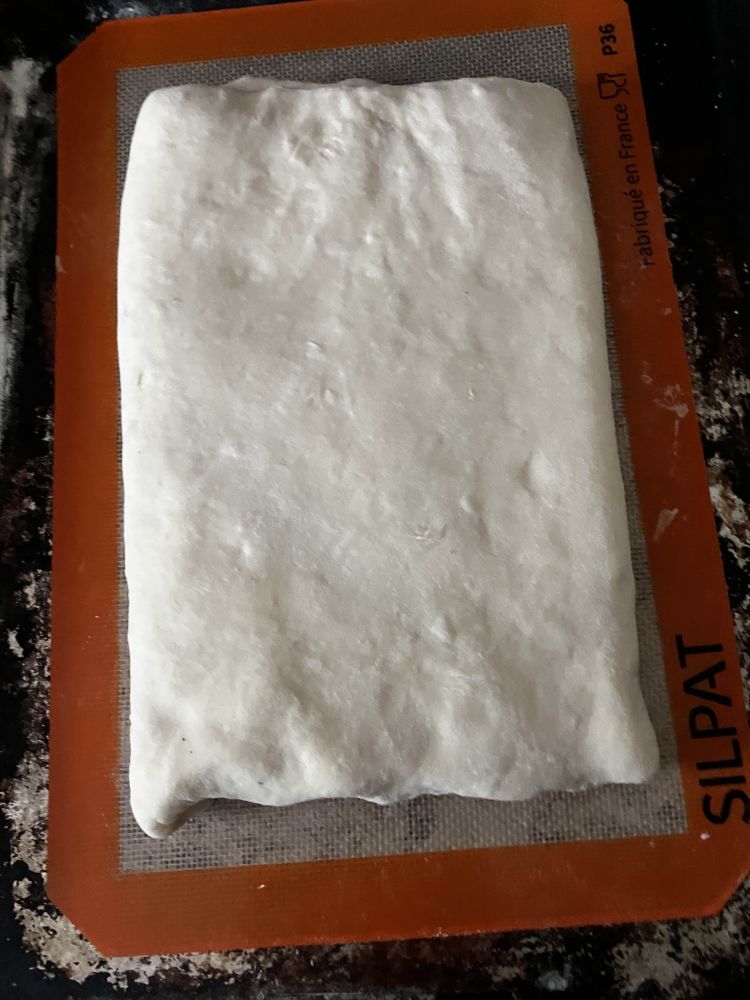 A rectangle of creamy white dough siting on a silpat baking liner with some dusted flour around the edges. 