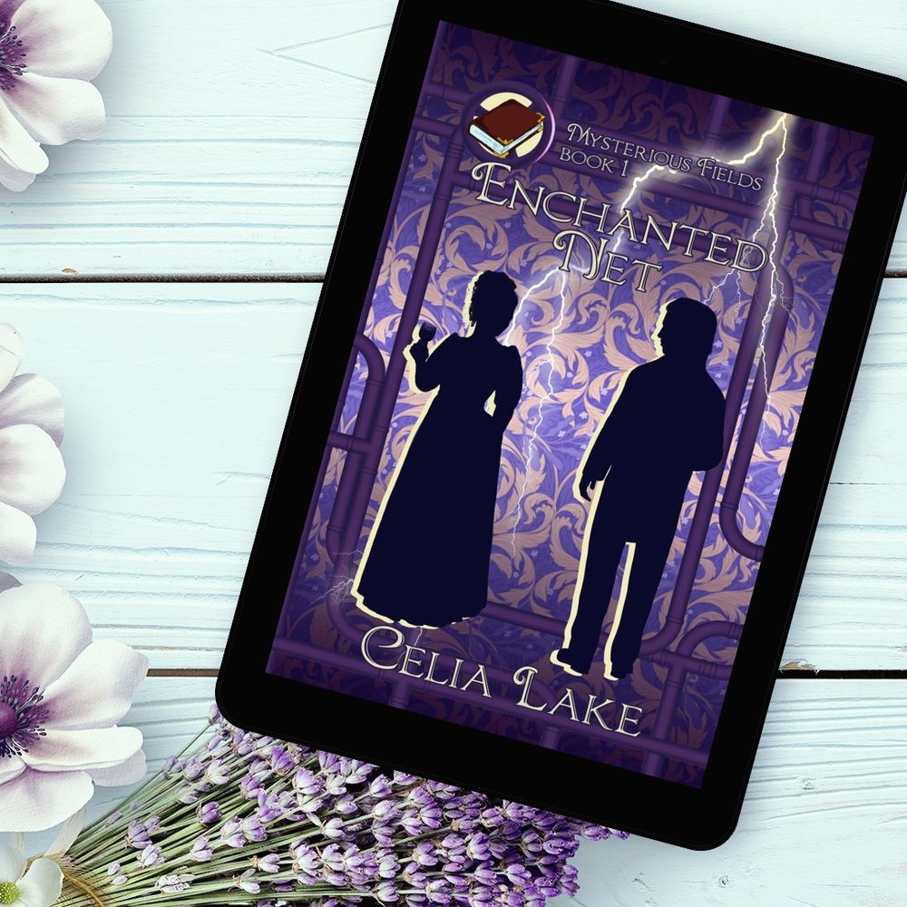 Enchanted Net by Celia Lake displayed on a tablet. The cover has a rich purple damask background, and the tablet sits on a white table with lavender and white flowers with purple centres that match. A man and woman in Victorian dress stand on the cover, silhouetted and looking slightly toward each other. She holds a glass of wine in one hand. Steam pipes frame them two figures, with a book inset in the top left corner and a streak of lightning coming down from the top right. 
