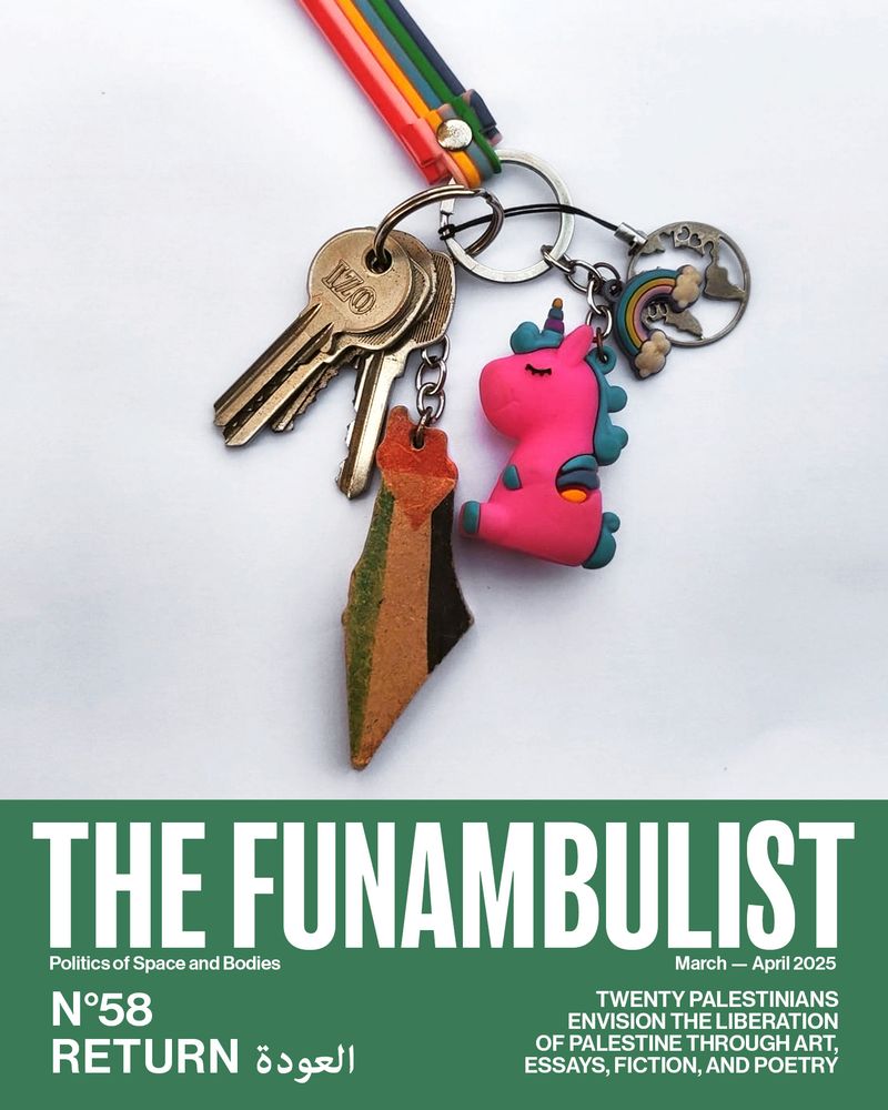 Photograph of a pair of keys with a map of Palestine on bottom left corner, a pink unicorn on the right, and a little rainbow along with a metallic world map on top right. 