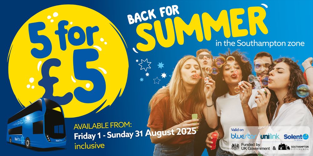 A graphic featuring a group of 5 young people blowing bubbles, with a cartoon Bluestar bus and  text which says "5 for £5 back for summer in the Southampton zone. Available from Friday 1 to Sunday 31 August 2025 inclusive.