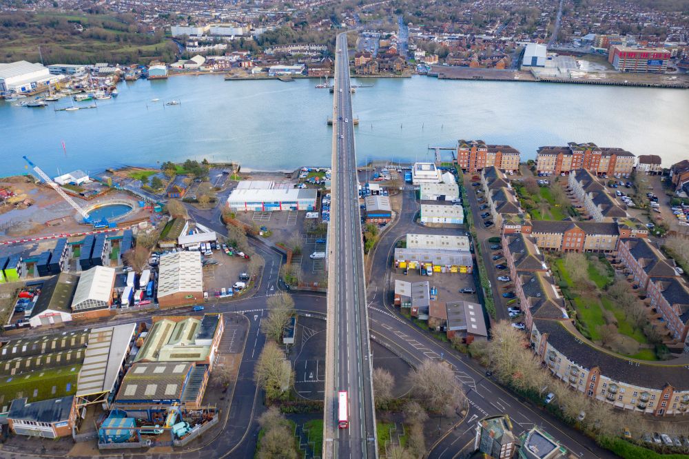 An aerial photo of the Itchen Bridge looking along the length of the bridge to Woolston.