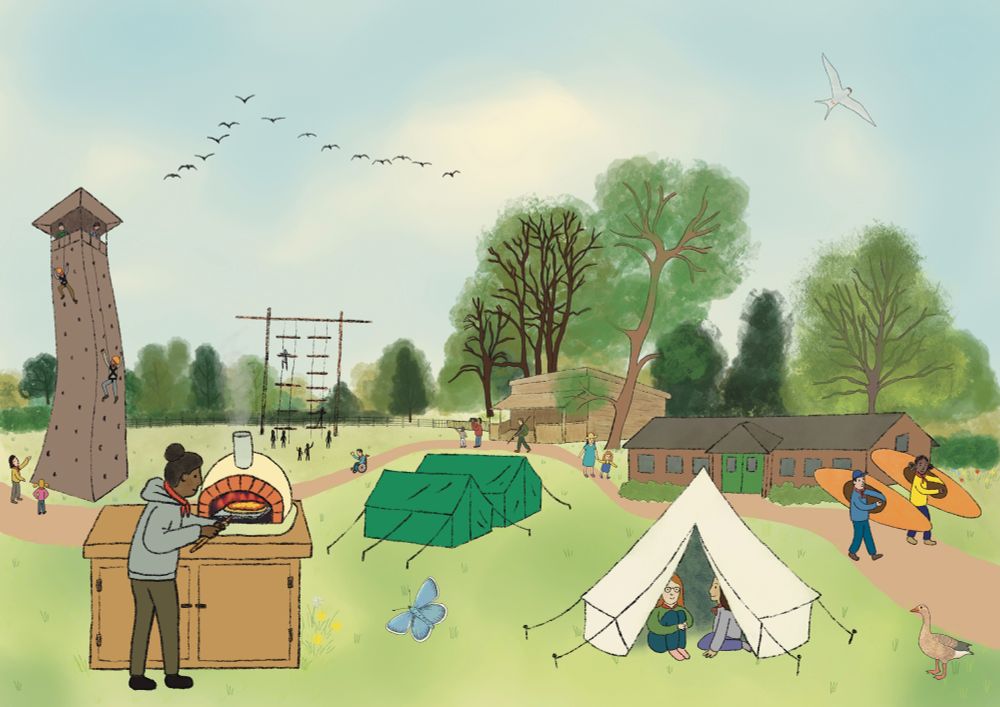 Drawing of a site visual concept which features rock climbing, climbing frame, tents with people sat inside, people carrying kayaks and a person putting a pizza in a pizza oven. The image is used to show what an area intends to look like in the future. 