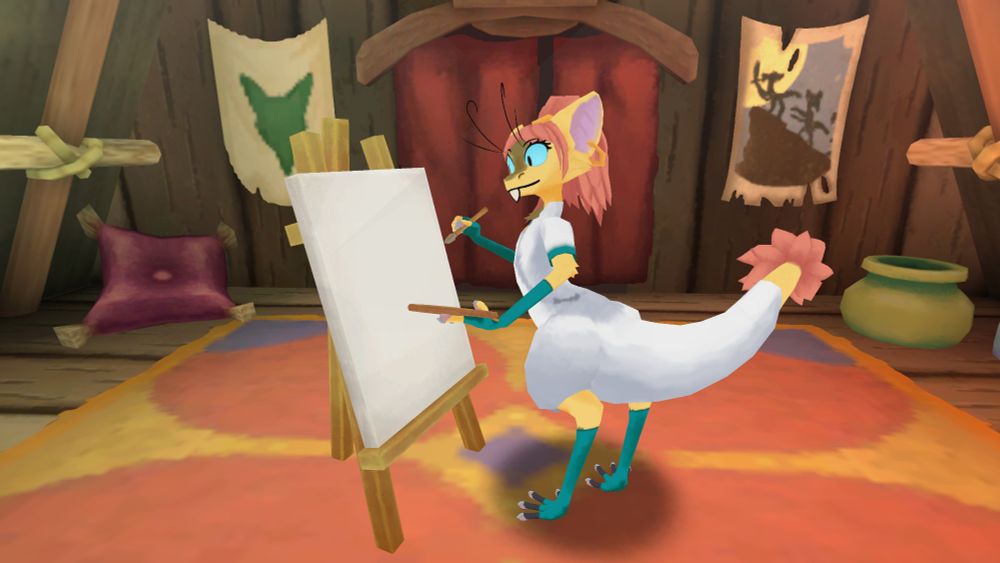 A yellow and brown yinglet works at an easel. She has pale blue eyes and orange hair. She wears a long white coat trimmed in green that covers most of her body and tail. She also has on green sleeves and socks.

Made with Yinglet Creator
