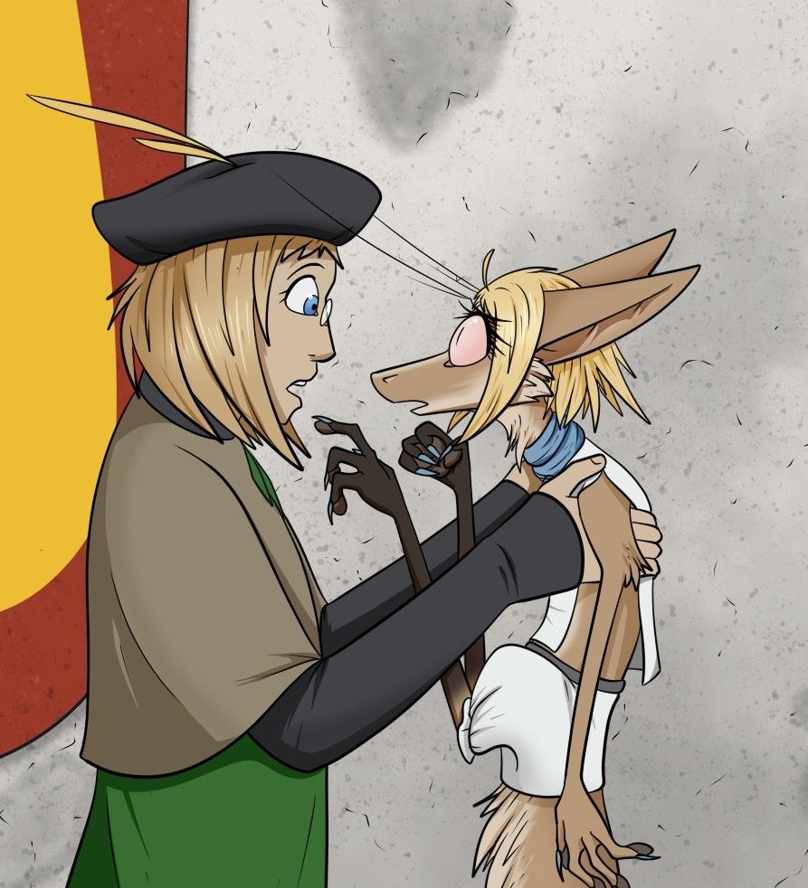 A panel from the webcomic Out-of-Placers update. It shows Ran holding up Lopin, who is looking exceptionally cute in his pose.