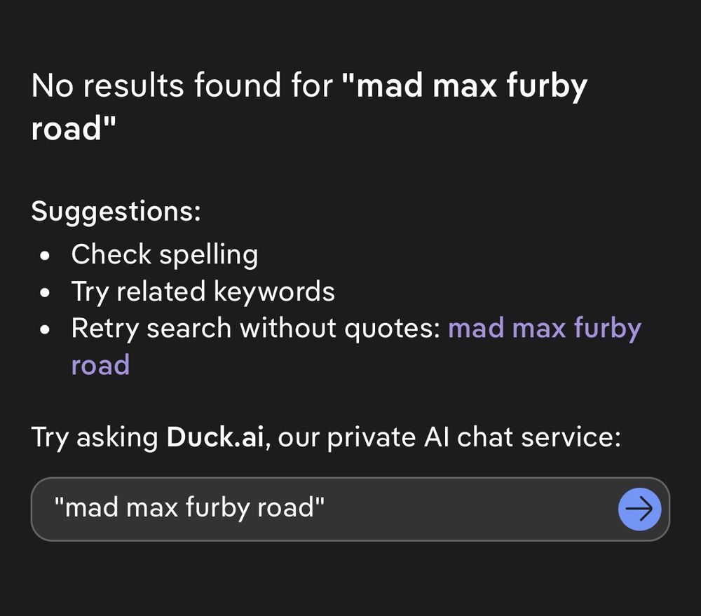 A screenshot of an unsuccessful online search for "mad max furby road" (I checked and "mad max: furby road" doesn't exist either)