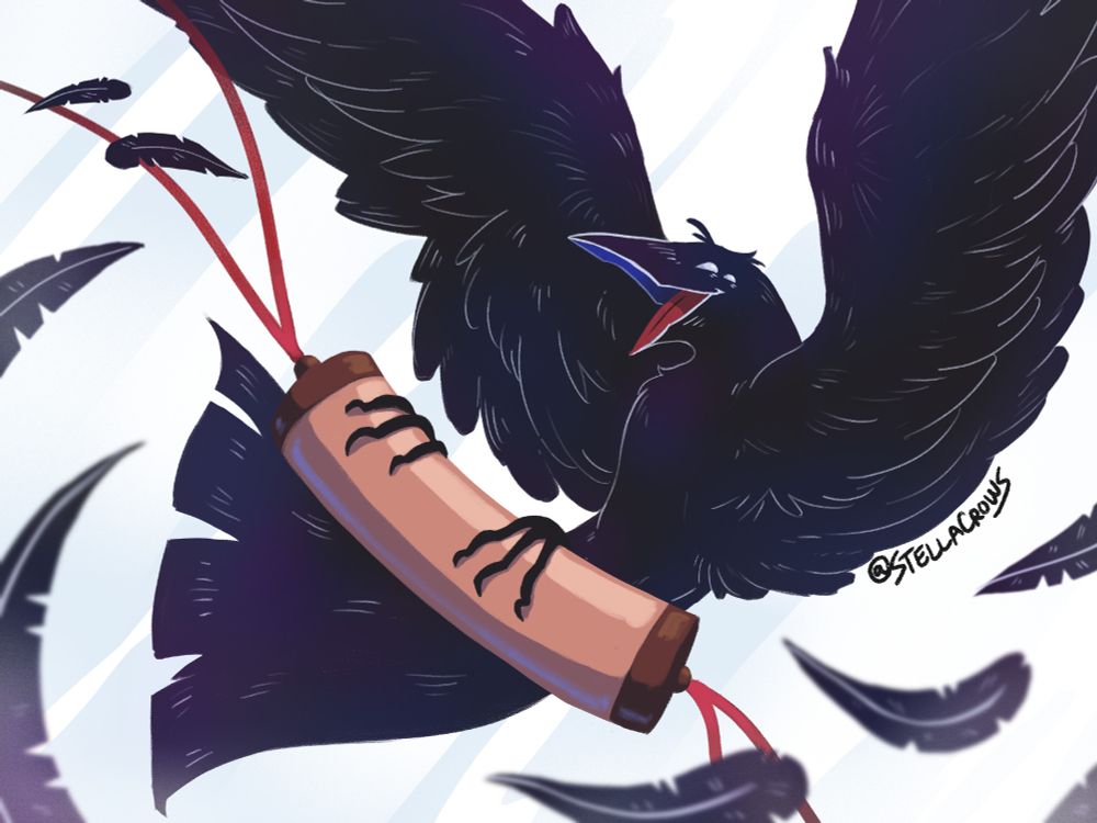 A crow named Obelisk mouth flying around with glee, holding a scroll case. Feathers flutter in the foreground.