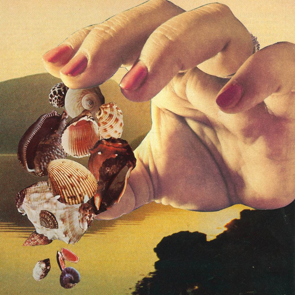 Analog collage, large hand with painted fingernails is dropping seashells into a seemingly large body of water. 