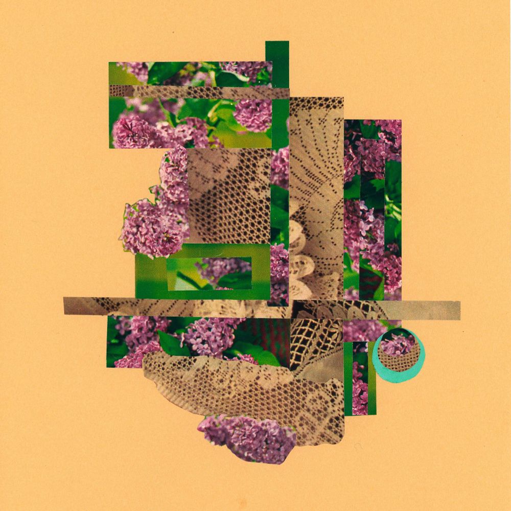 Analog paper collage, blunt strips of lace and lilacs are cut and rearranged. Some of the lilacs are cut delicately for shape. There is a splash of teal in the lower right-hand corner. 