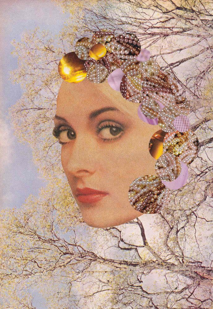 Analog collage. A woman’s face lay on top of a sky with bare trees. The right part of her face is neatly organized with circular shapes of pearls, and lavender and yellow colored patterns. 