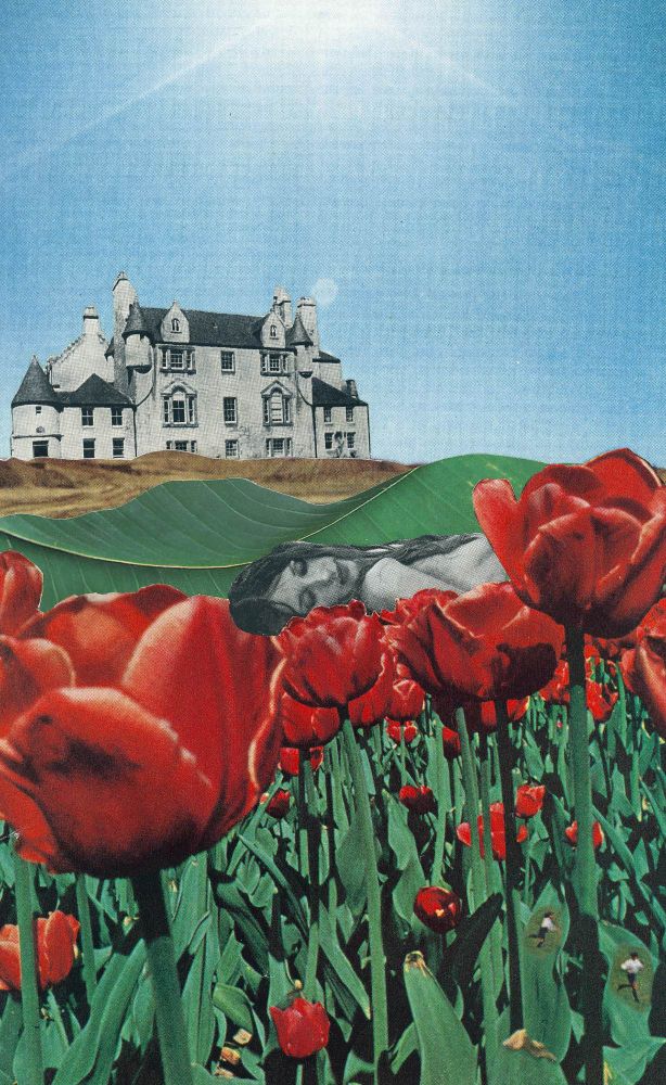 Analog collage. A woman lying on a bed of red tulips in front of rolling hills and a castle. There are two children chasing each other around a tulip stem on the bottom right hand side. 
