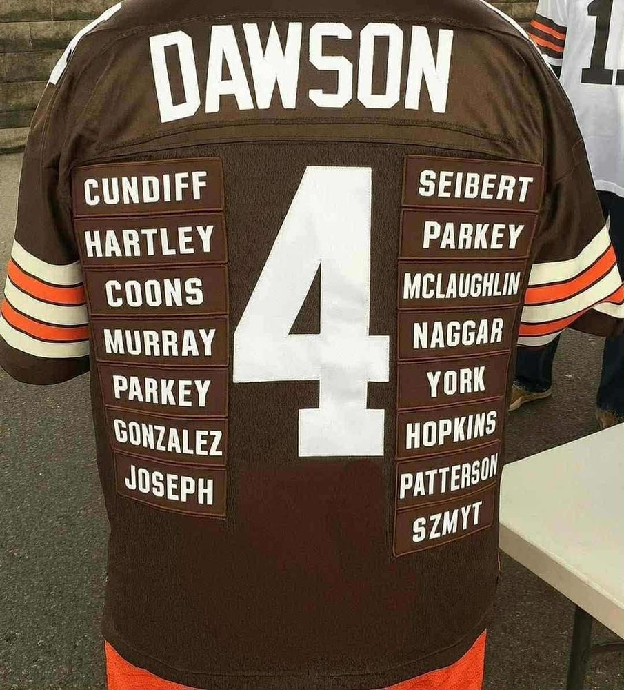A Cleveland Browns jersey showing the list of shitty kickers since the awesome Phil Dawson.