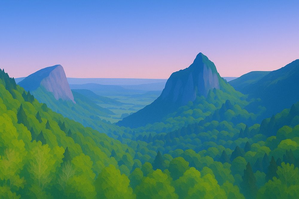 Une vallée verdoyante entourée de montagnes escarpées sous un ciel bleu. Les forêts denses contrastent avec le paysage lumineux.