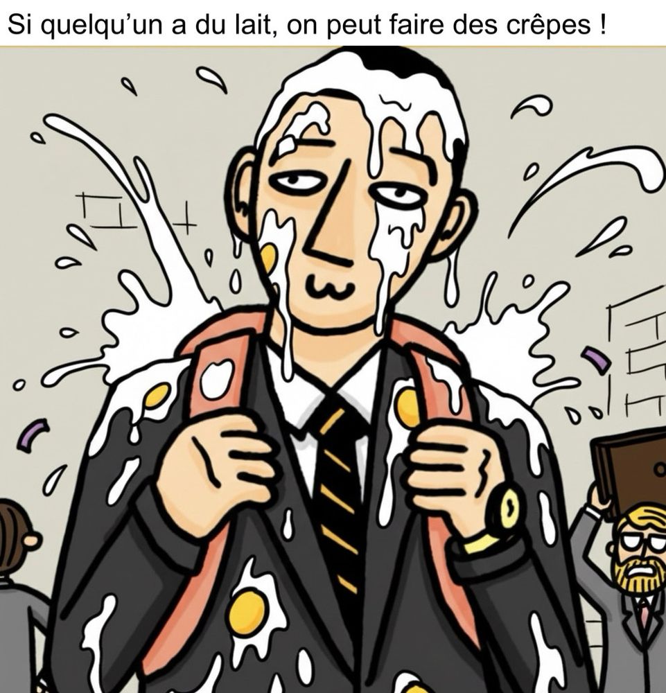 Image représentant Bardella couvert de farine et d’œufs au plat, debout avec une expression neutre. D’autres personnages réagissent en arrière-plan dans une scène chaotique. Texte humoristique : « Si quelqu’un a du lait, on peut faire des crêpes ! »