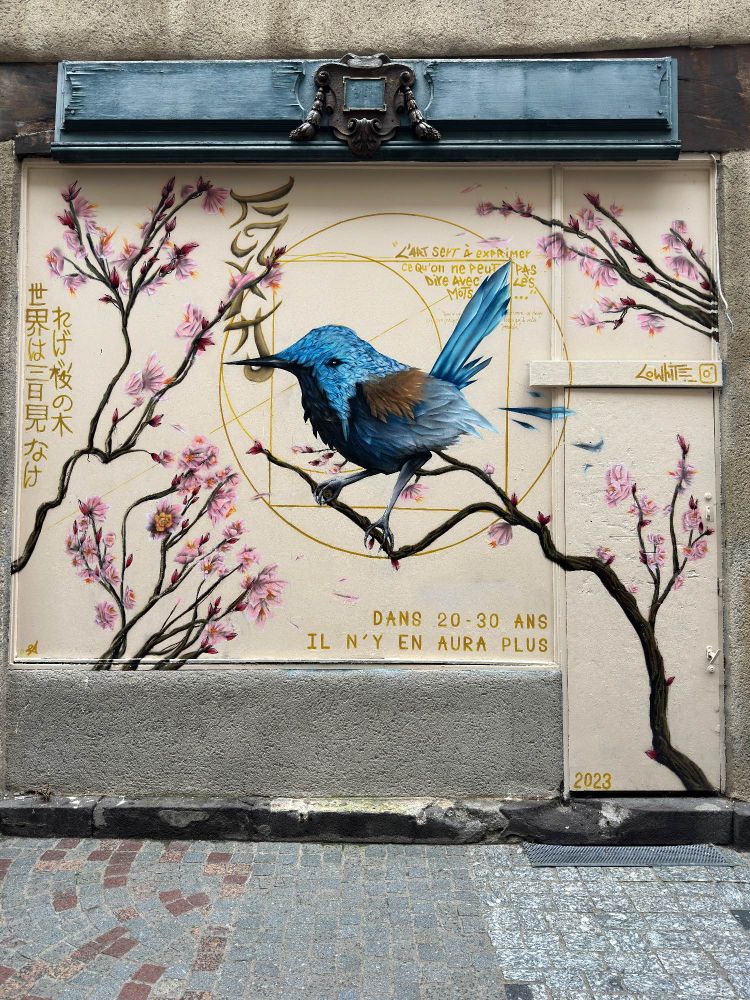Œuvre de street art, avec un oiseau bleu est perché sur une branche d'un cerisier en fleurs. L'arrière-plan du mur intègre des formes géométriques, notamment des cercles, et des textes en japonais et en français. Le texte japonais est écrit verticalement à gauche de la fresque, tandis que le texte français est disposé horizontalement à droite et en bas.

Le texte français dit :
* « L'art sert à exprimer ce qu'on ne peut pas dire avec les mots... »
* « DANS 20-30 ANS IL N'Y EN AURA PLUS »

Le texte japonais semble dire : 
* « たけ桜の木 世界は三目見なけ », qui peut évoquer une réflexion poétique ou symbolique.