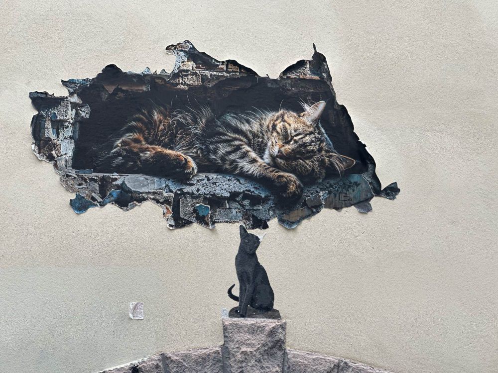 L'image montre une peinture murale très réaliste d'un chat tigré endormi dans ce qui semble être un trou dans un mur de briques. Juste en dessous, une silhouette peinte d'un chat noir, assis sur une petite corniche en pierre, regarde vers le chat endormi. L'effet visuel est captivant, avec un mélange de réalisme et de silhouette stylisée. Le détail donne une impression de profondeur, comme si le trou dans le mur était réel.