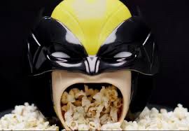 Promotional popcorn bucket from Wolverine & Deadpool Movie. Features giant Wolverine head with mouth opening for popcorn 