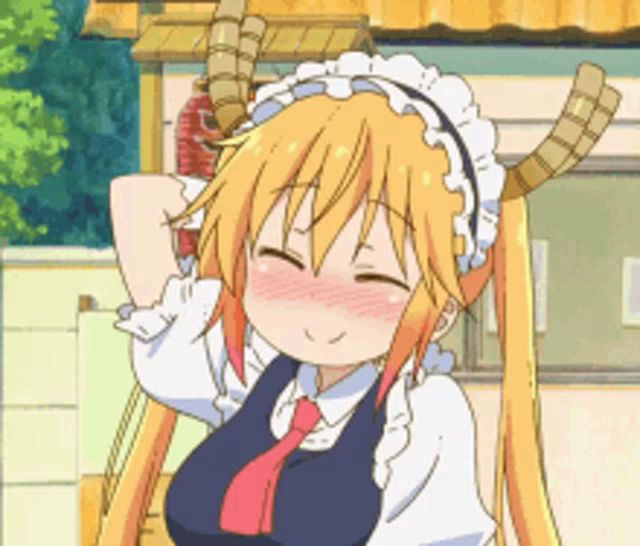 a girl with long blonde hair and horns is wearing a maid outfit and tie .